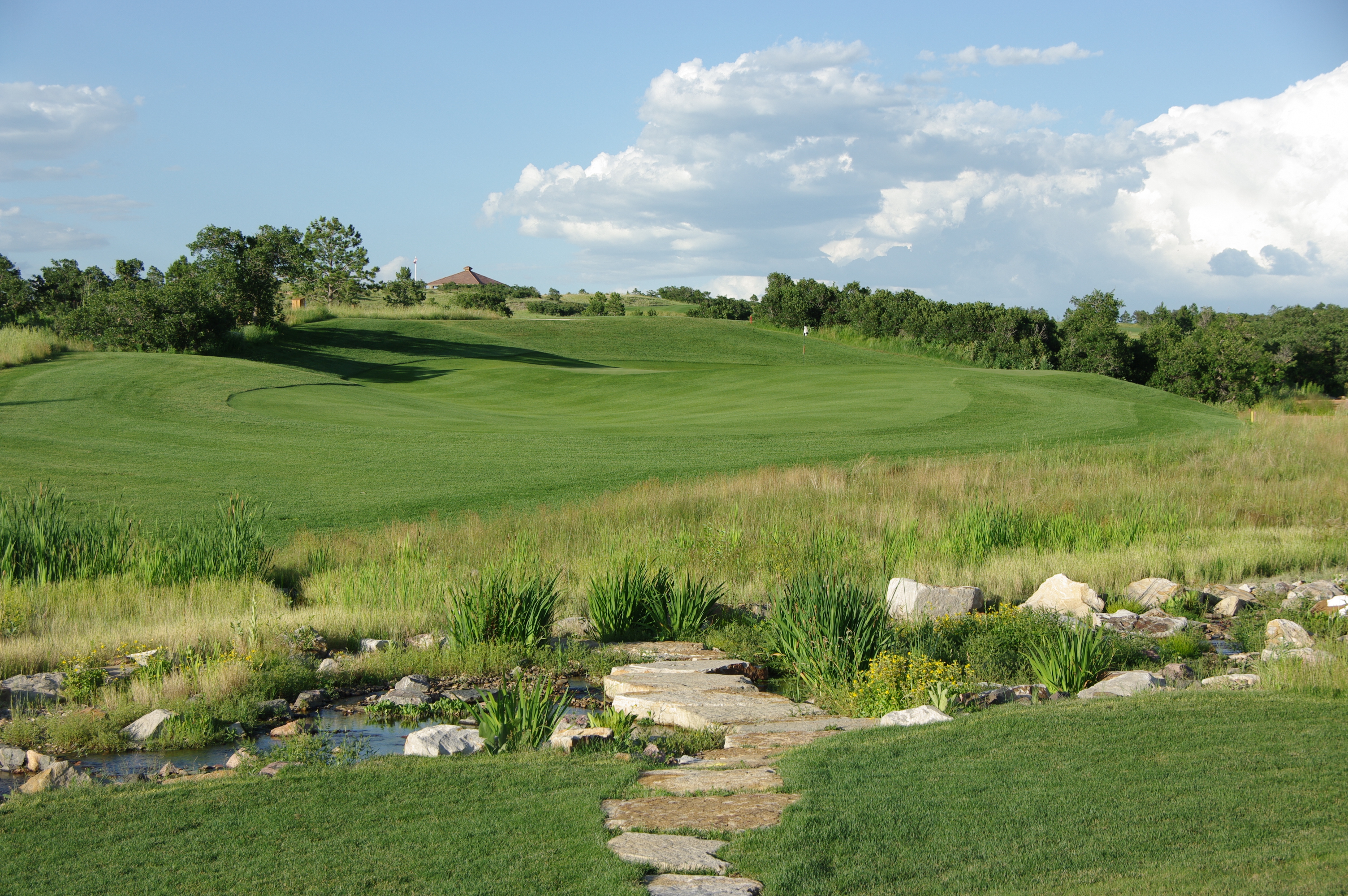 This image showcases a scenic golf course fairway featuring a natural aesthetic with a small stone path crossing over a landscaped creek. The open greens are bordered by lush tall grasses and mature trees, with a building visible in the distance. The setting offers a peaceful and well-manicured outdoor environment, typical of a high-end golf course community.