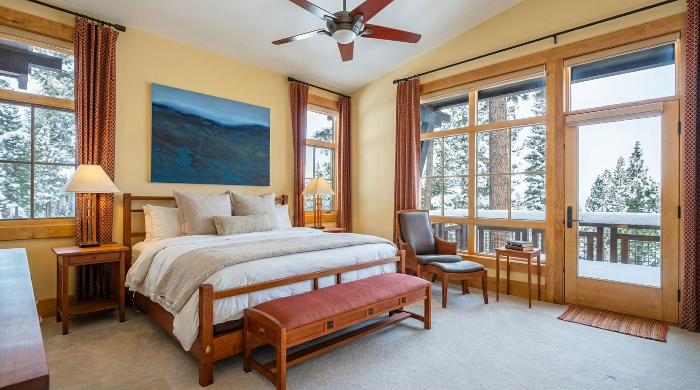 This is a well-lit primary bedroom featuring a wooden-framed bed with neutral bedding, complemented by a matching wooden bench. The room is decorated with an abstract painting above the bed, and windows offer views of snow-covered trees. The presence of bedside tables and a reading chair adds functionality and enhances the room's welcoming atmosphere.