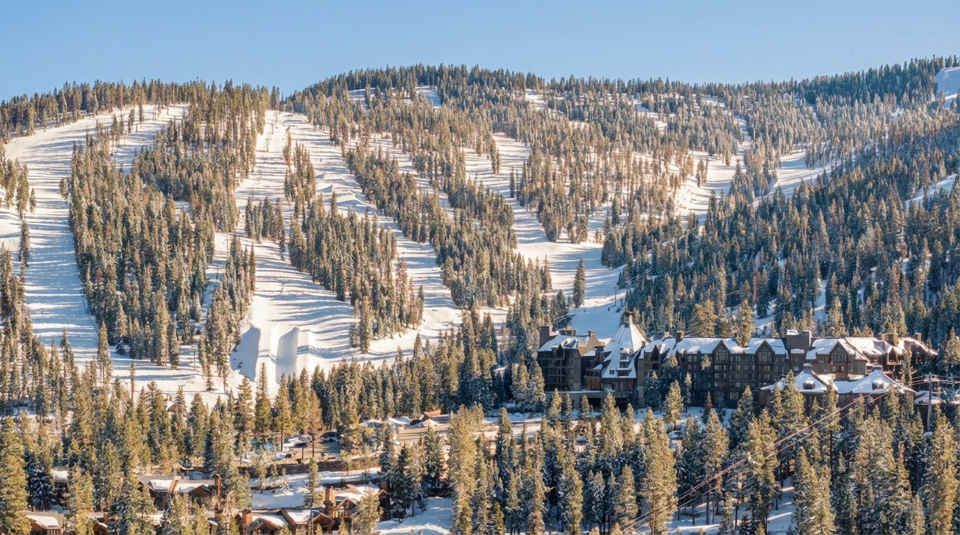 An aerial view showcases a ski resort during winter. The image highlights the snow-covered slopes interspersed with evergreen trees, leading down to a large, multi-story lodge nestled among the trees. The setting suggests a luxurious mountain retreat, perfect for skiers and nature enthusiasts.
