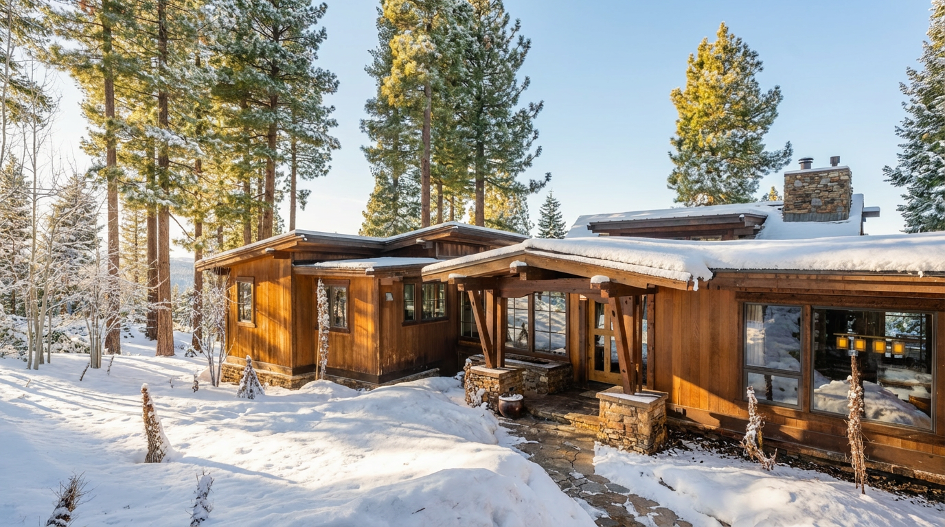 This is a front exterior view of a wood-clad home in a snowy, wooded setting. The house features a stone chimney, wooden support beams at the entryway, and multiple windows. Snow covers the roof and the ground, providing a winter wonderland ambiance.