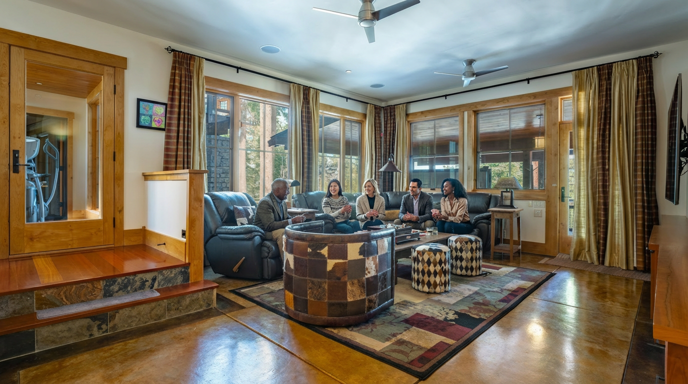 The living room features a cozy atmosphere with guests playing cards in front of large windows that offer views of the outdoors. The room is well-lit and includes comfortable leather seating and a unique, patterned rug. A fireplace area can also be seen along with wooden accents.