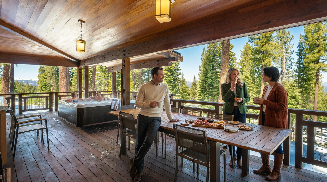 This inviting outdoor space showcases a spacious wooden deck with a dining table, perfect for entertaining. A hot tub is visible in the background, further enhancing the appeal of this outdoor area. The deck is surrounded by tall trees and offers scenic views, creating a relaxing and private atmosphere.