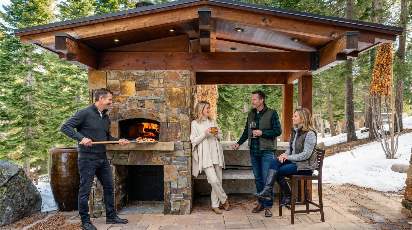 This image showcases an outdoor patio area with a custom pizza oven, providing a cozy and inviting gathering space. The stone oven, covered by a wooden structure, is a focal point, while the surrounding landscape features trees and a touch of snow, creating a serene atmosphere. The patio is perfect for entertaining and enjoying the outdoors.