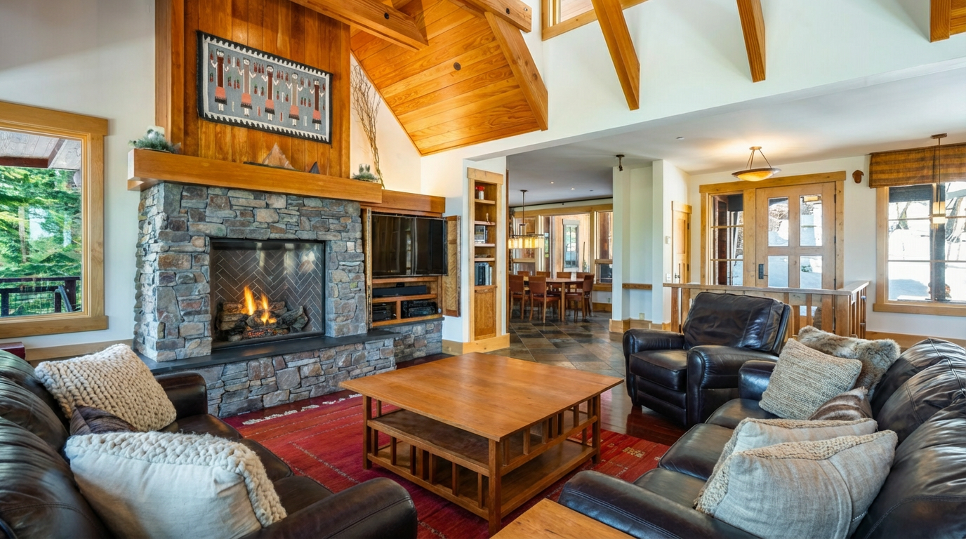 The living room is a cozy and inviting space featuring a stone fireplace as a focal point. Rich wood accents complement the warm tones of the leather furniture and area rug. The room is well-lit and appears to be part of an open floor plan, with a dining area visible in the background.