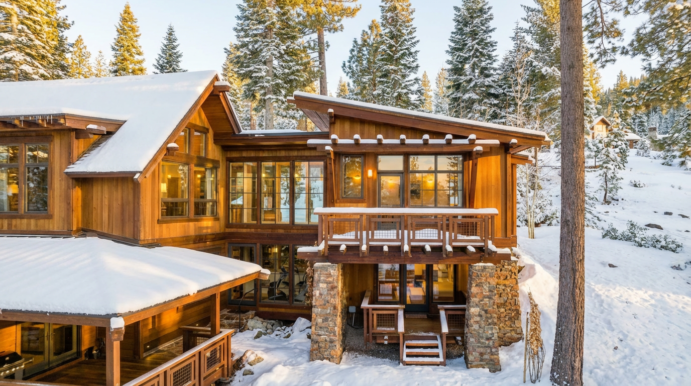 This is a rear view of a luxurious wooden house covered in snow. The house boasts large windows, a balcony supported by stone pillars, and a well-maintained wooden exterior. The snowy landscape adds to the property's appeal, suggesting a quiet, secluded location surrounded by trees covered in snow.