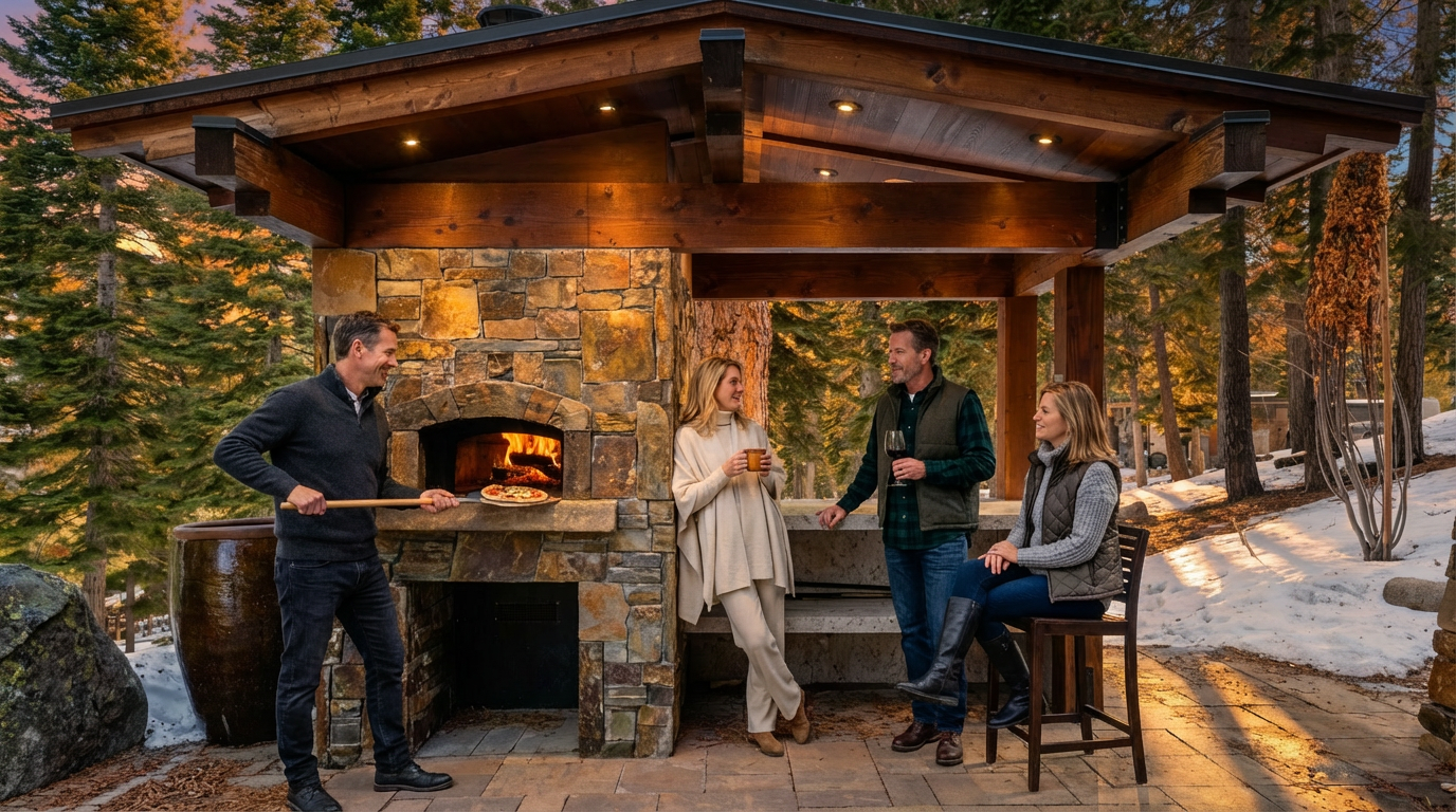 This image showcases an inviting outdoor entertainment area. A stone pizza oven is the focal point, sheltered by a wooden structure with recessed lighting. The space is designed for socializing, with people enjoying drinks and the freshly baked pizza, set within a natural, partially snow-covered landscape.