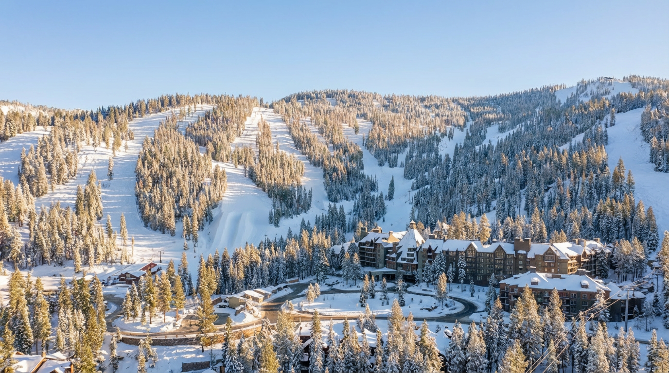 This aerial view captures a stunning ski resort nestled in a snow-covered mountain landscape. The architecture of the buildings blends harmoniously with the natural surroundings. Ski slopes are visible on the mountain, promising recreation and mountain living.