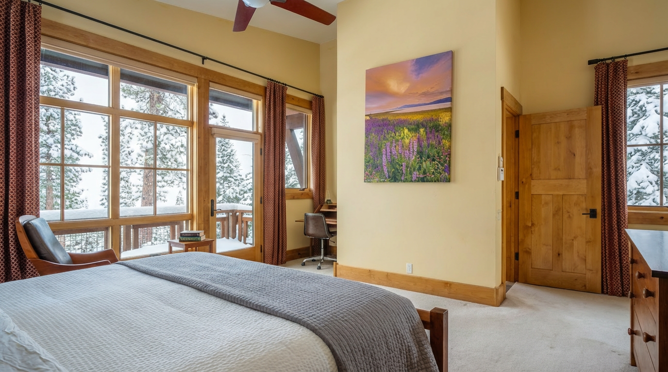 This is a well-lit primary bedroom with an inviting ambiance. The room features a large window providing a view of snow-covered trees, enhancing the cozy feel. Accents include a landscape painting and wooden trim, adding character and warmth to the style.