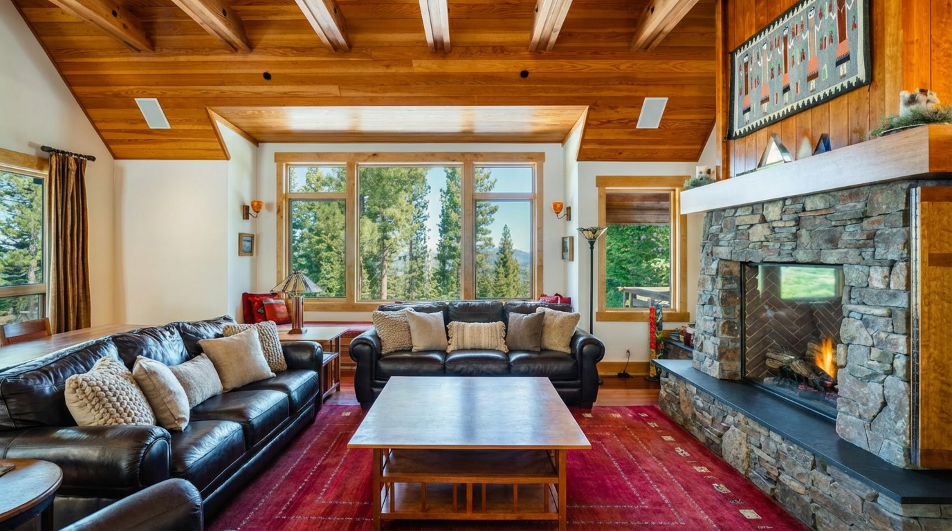 This inviting living room features dual leather sofas facing each other, arranged around a wooden coffee table on a red patterned rug. The focal point is a stone fireplace framed by wooden accents. Natural light floods the room through large picture windows highlighting the vaulted wood beam ceiling, creating a warm and rustic ambiance.