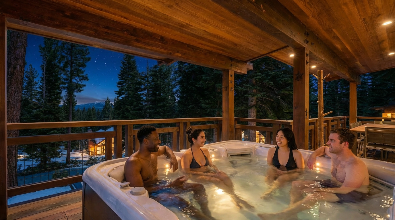This image showcases a luxurious outdoor spa area featuring a large jacuzzi with four people relaxing inside, surrounded by a wooden deck and a stylish wooden roof with lights. The backdrop includes a scenic view of pine trees and a starlit dusk sky, creating an inviting and serene ambiance perfect for relaxation and entertainment in this real estate property.