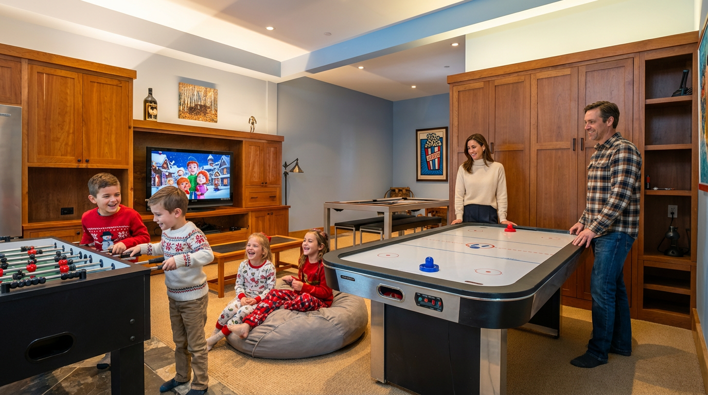 This inviting living room features a cozy and family-friendly atmosphere. The room is well-equipped with entertainment options including a foosball table, an air hockey table, and a television set within a built-in wooden entertainment center. The space is well-lit, creating a warm and welcoming environment perfect for family gatherings and recreation.
