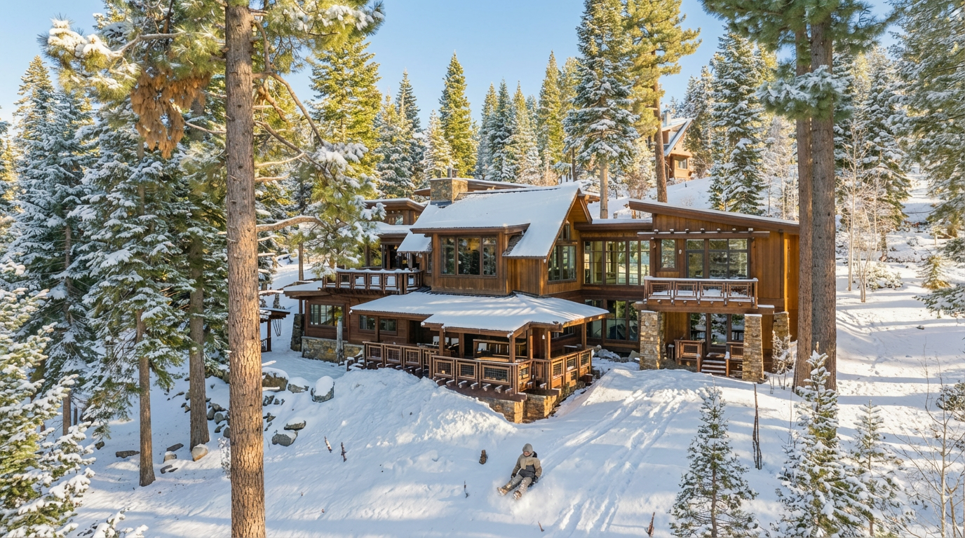 This aerial view showcases a luxurious mountain home nestled among snow-covered pine trees. The home features a multi-level design with wood and stone accents, multiple decks, and a covered outdoor living area. A person is seen sledding down a snowy hill, adding a touch of winter fun to the scene.