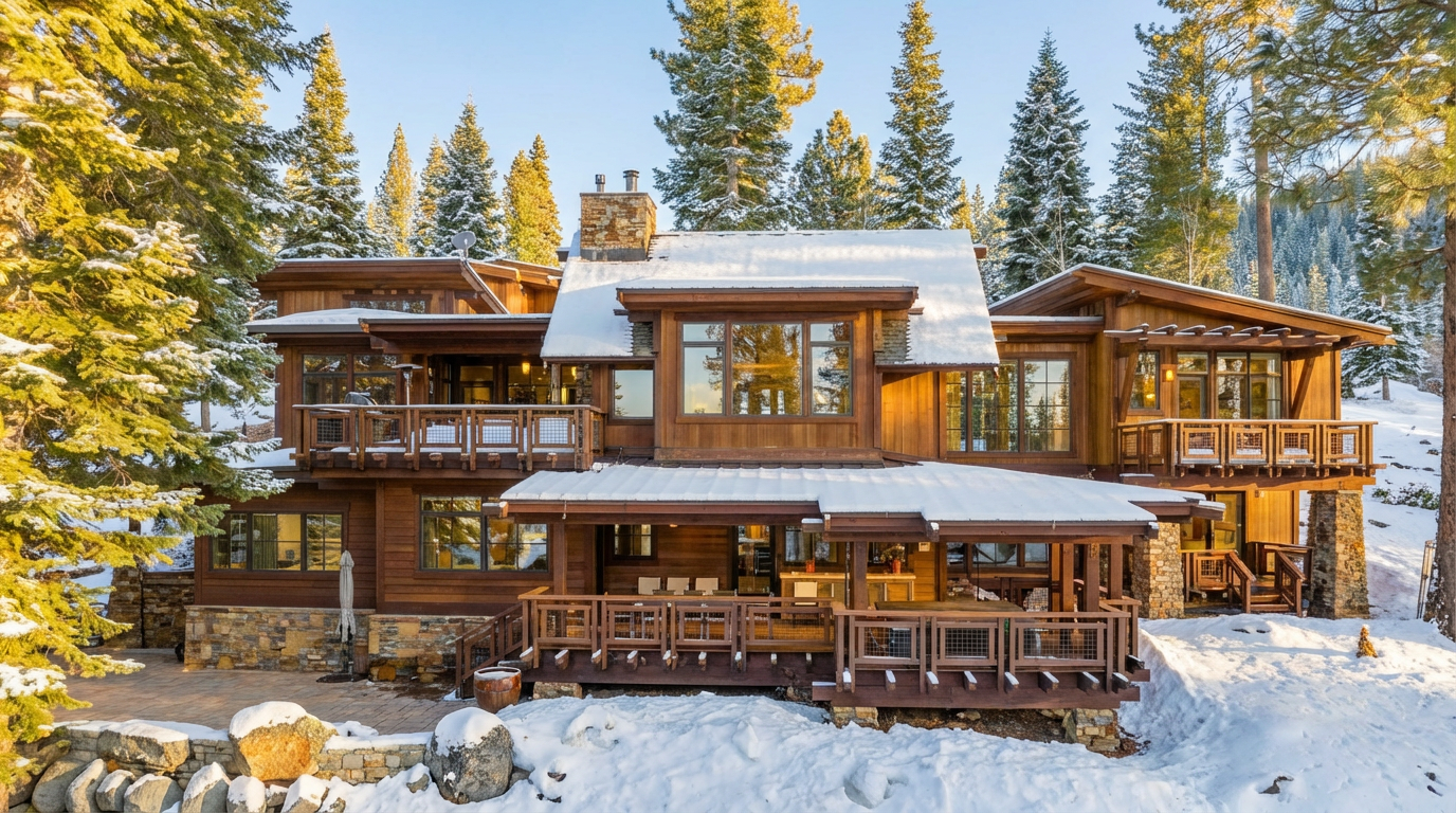 This is a stunning front view of a luxury mountain home covered in snow. The house features a wood exterior with stone accents, multiple decks with wooden railings, and large windows offering picturesque views. The surrounding evergreen trees add to the serene and secluded atmosphere, making it an ideal winter retreat.