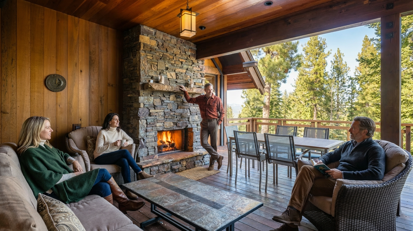 This image showcases a cozy outdoor living area featuring a stone fireplace and comfortable seating. The space is designed for relaxation and conversation, with lounge chairs and a sofa arranged around a coffee table. The covered patio provides shelter and seamlessly blends indoor and outdoor living.