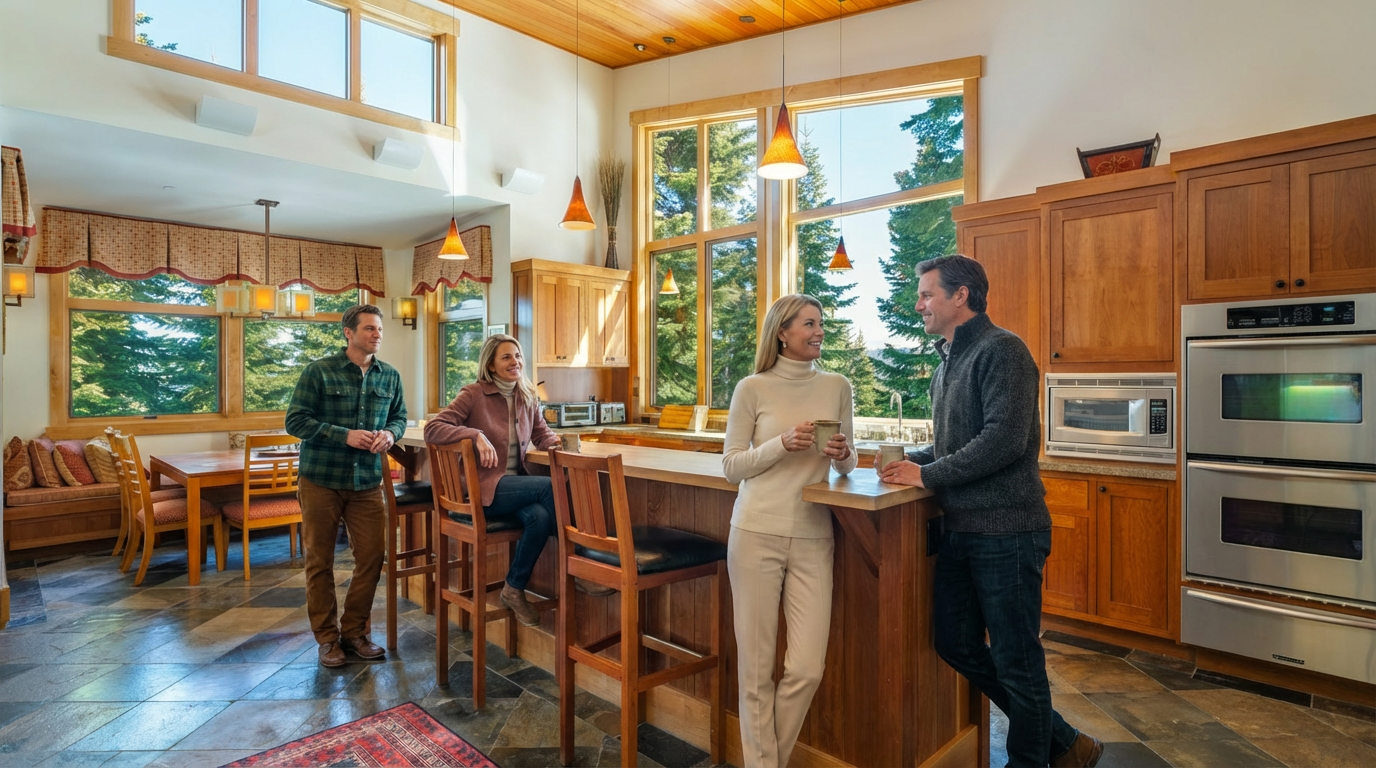 This is an inviting open-concept kitchen featuring warm wood cabinetry and a large island with bar seating. Natural light floods the space through large windows, enhancing the cozy atmosphere. Stainless steel appliances and pendant lighting add modern touches to the room.