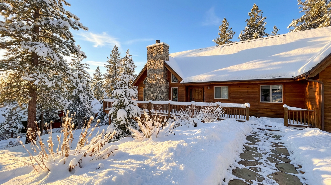 This is a beautiful front view of a cozy, wooden cabin covered in snow. The stone chimney and snow-laden roof add to the charm of the property. The walkway is partially cleared, leading up to the front porch.
