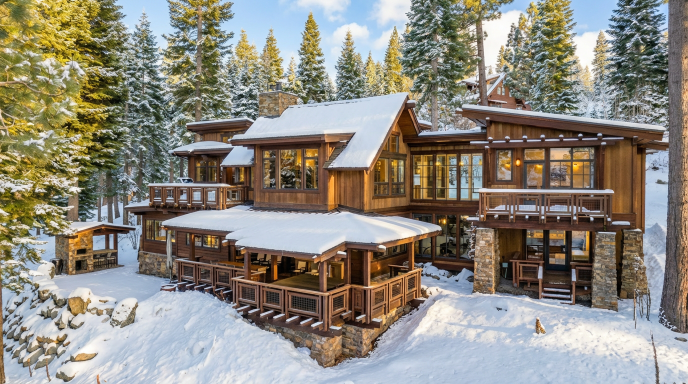 This is a rear view of a luxurious mountain home covered in snow. The home features a multi-level deck, abundant windows offering great views and a rustic, wooden exterior. The facade blends seamlessly with the surrounding snow-covered evergreen forest, creating a sense of peace and privacy.
