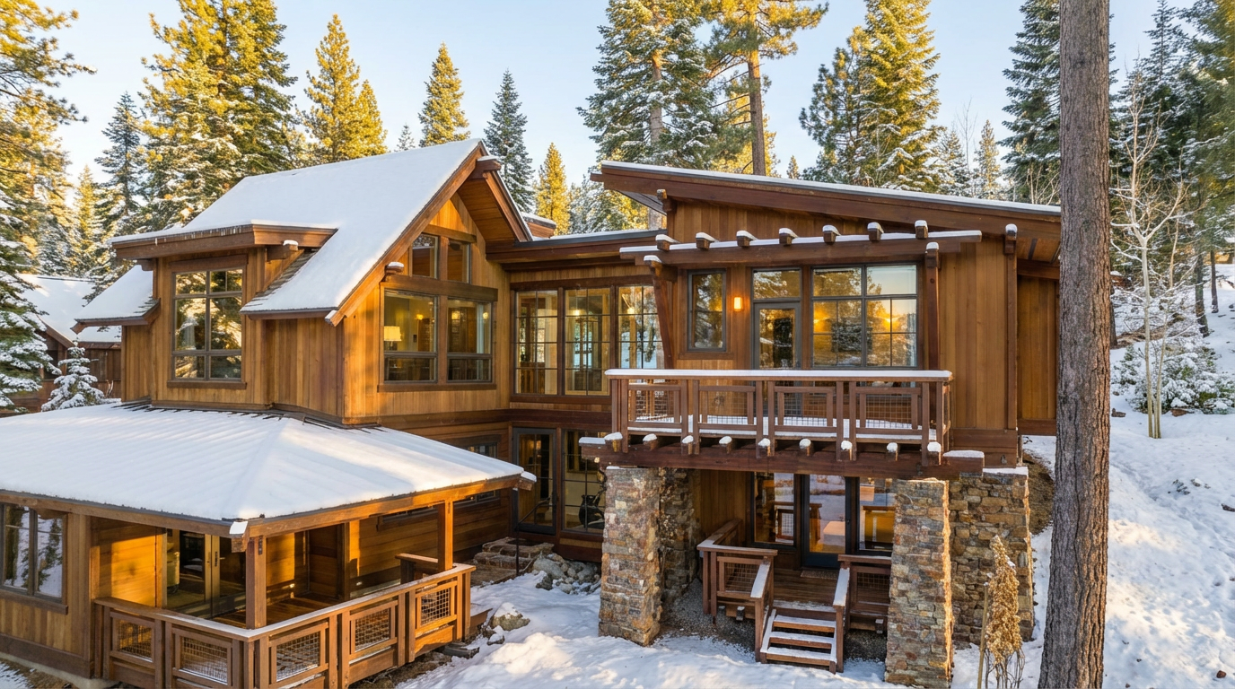 This is a charming rear view of a multi-level wooden home in a snowy, wooded setting. The architecture showcases a blend of traditional and modern design elements, with large windows providing generous natural light. Notable features include a stone foundation, wooden decks, and snow-covered roofs, contributing to a cozy and inviting mountain retreat ambiance.