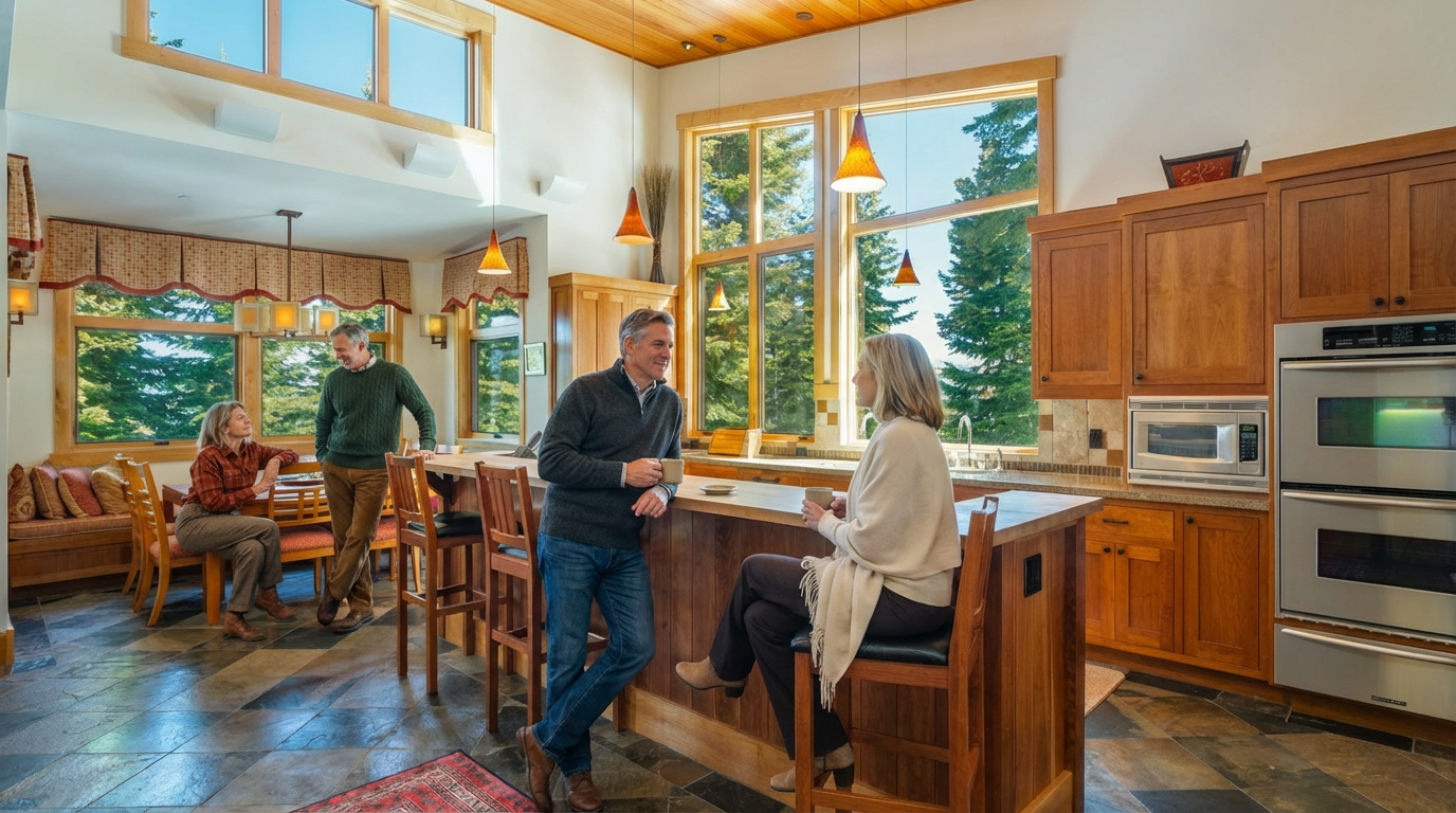 The image showcases a well-lit, inviting kitchen with warm wood cabinetry and flooring. A large island with bar seating is a central gathering point, where two people are conversing. The presence of large windows offers views of the outdoors, contributing to a bright and airy atmosphere.