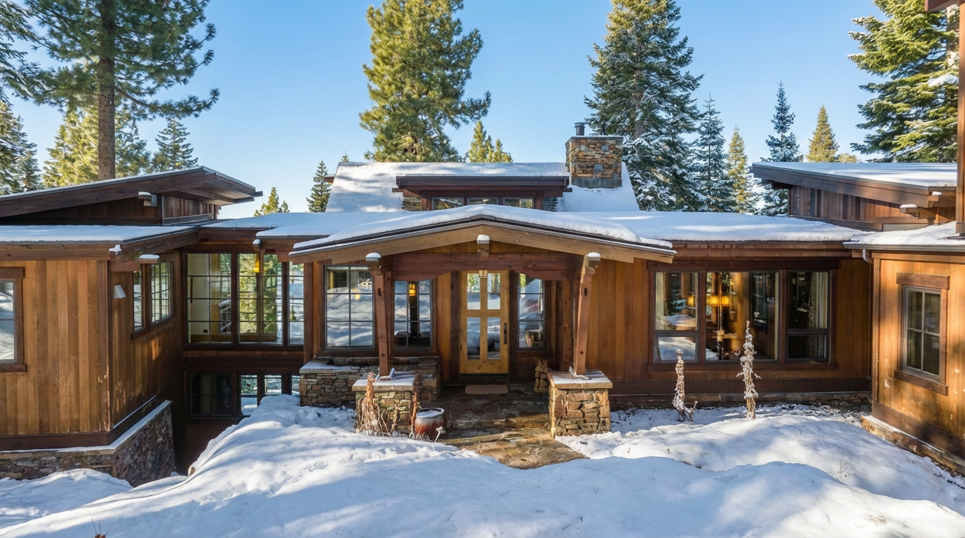 The image showcases the front exterior of a luxurious wooden home covered with snow. The entrance features a stone pathway leading to a covered porch with substantial wooden beams and stone supports. Large windows offer glimpses of warmly lit interiors, creating an inviting atmosphere despite the snowy surroundings.