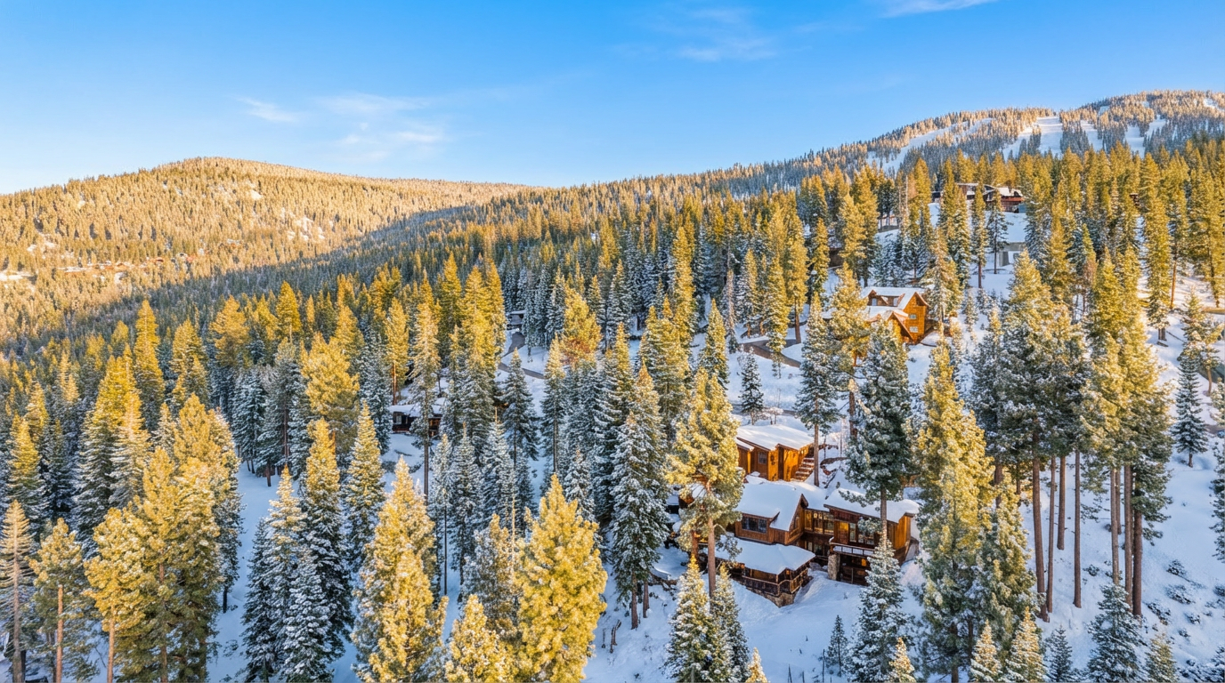 This aerial view showcases a luxurious mountain home nestled among snow-covered trees. The multi-level wooden structure features a classic ski chalet design, blending seamlessly with the natural landscape. The setting offers both privacy and stunning views, creating an idyllic retreat for potential buyers.