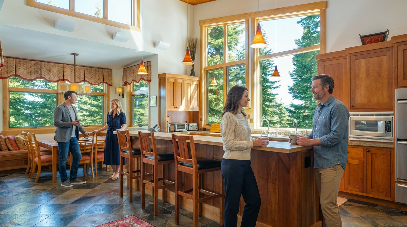 The image showcases a well-lit, open-concept kitchen and dining area. The kitchen features wooden cabinetry, a breakfast bar with stools, and stainless steel appliances. Large windows offer views of the surrounding trees, creating a bright and inviting atmosphere.