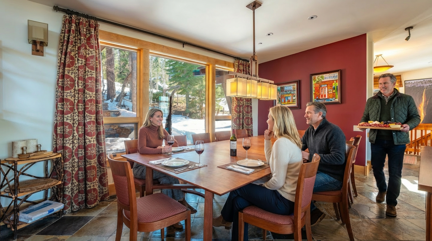 This image showcases a well-lit dining room, featuring a large wooden table set for a meal with several people. Natural light streams in from a large window, complemented by an overhead light fixture. A person carrying a tray of food is seen entering the room, adding a sense of hospitality and readiness for entertaining.