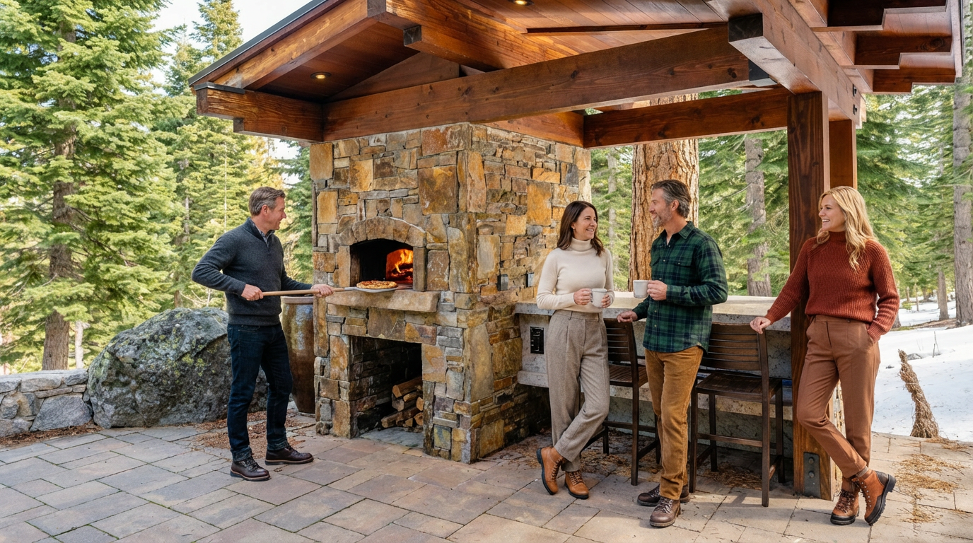 This image showcases an inviting outdoor patio area, perfect for entertaining. A stone pizza oven is the focal point, complemented by a wooden pergola structure, creating a cozy atmosphere. Several people are enjoying the space, adding to the sense of community and leisure.