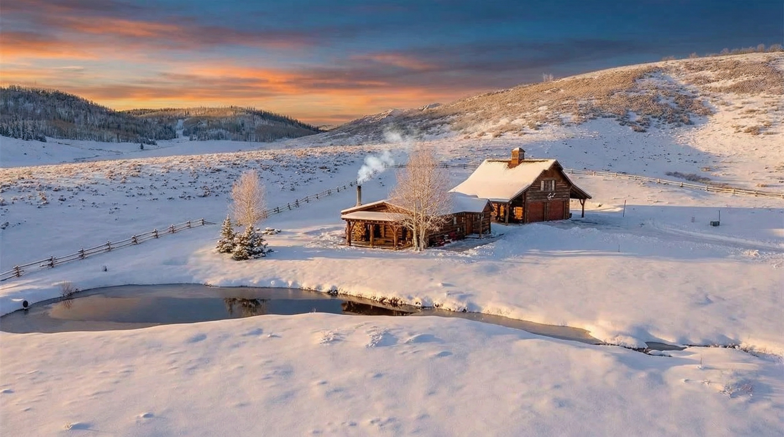 Aerial view of a snow-covered landscape featuring a rustic log cabin ensemble. The buildings exude a charming, secluded ambiance, complemented by the surrounding snow-covered terrain and a wintry light. Notably, a small pond reflects light, enhancing the landscape's serenity.