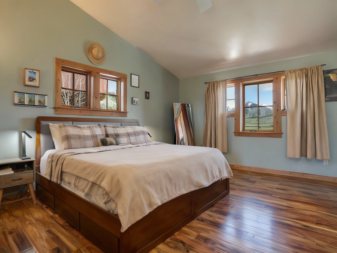 This is a warm and inviting primary bedroom with a wooden bed frame and a neutral color palette. The room features hardwood floors and multiple windows that offer attractive views. The overall impression is cozy and comfortable, highlighting the potential for relaxation and rest.