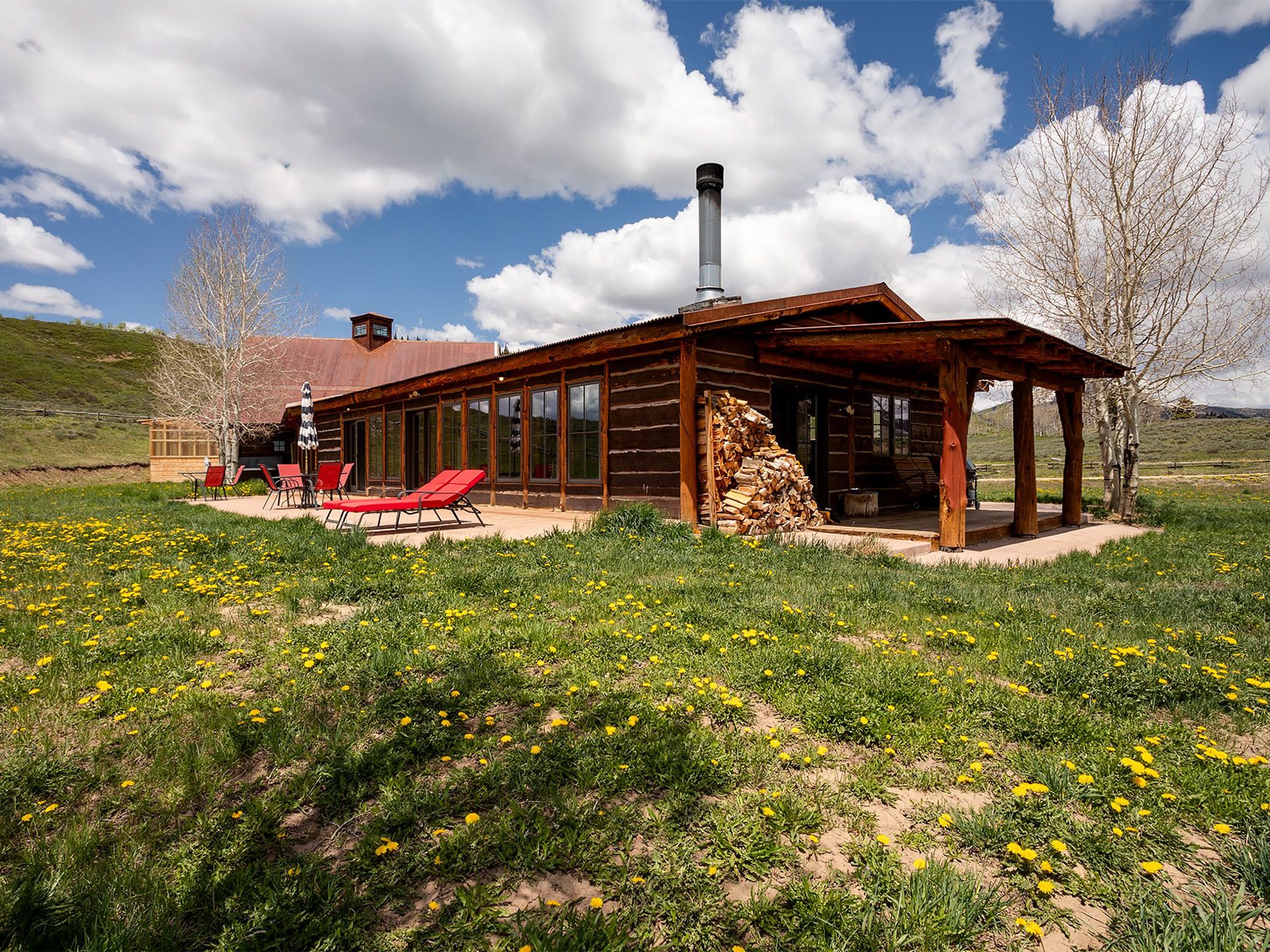 This image showcases the rear exterior of a rustic log cabin style house with a metal roof. The setting features a well-maintained lawn dotted with yellow wildflowers. Outdoor furniture is seen on the patio, suggesting a space for relaxation and enjoying the surrounding countryside.