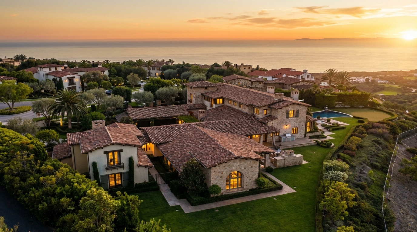 This aerial view showcases a luxurious estate with a prominent tiled roof, lush green lawns, and mature landscaping. A swimming pool and meticulously manicured gardens enhance the property's appeal. The residence boasts stunning ocean views and is part of an upscale community, making it a highly desirable real estate offering.