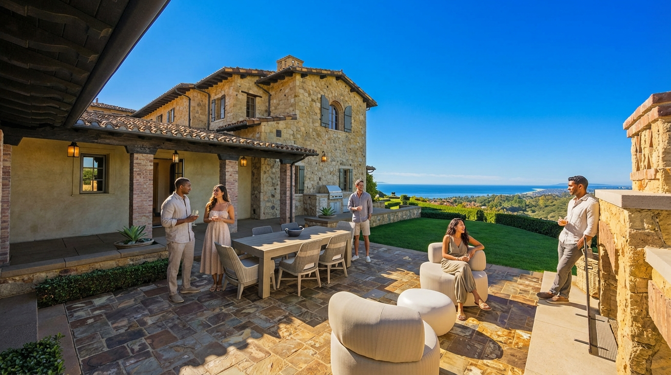 This image showcases a luxurious patio area, complete with outdoor seating and dining spaces, perfect for entertaining. The patio is situated adjacent to a well-maintained lawn with ocean views. The architectural style of the house is reminiscent of a Tuscan villa, featuring stone walls and a tiled roof.