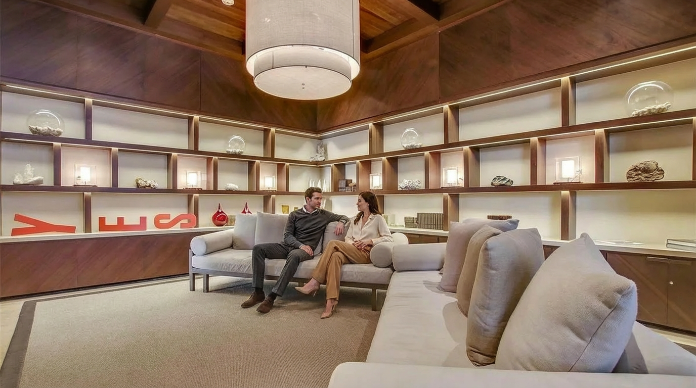The living room presents a sophisticated and inviting atmosphere, featuring custom built-in shelving displaying decorative objects and illuminated by subtle lighting. Neutral-toned couches provide comfortable seating beneath a large drum-style chandelier. The overall design conveys a sense of refined comfort and understated elegance.