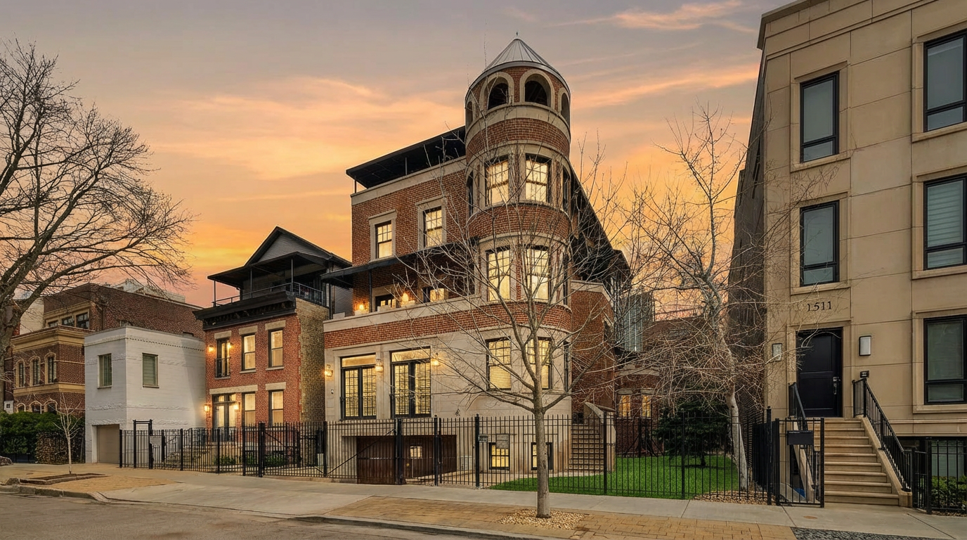 This is a gorgeous front view of a multi-story brick house with a unique turret feature. The property is situated on a well-maintained street with beautiful landscaping and secure fencing. The facade combines classic architecture with modern design elements, suggesting luxury and curb appeal.