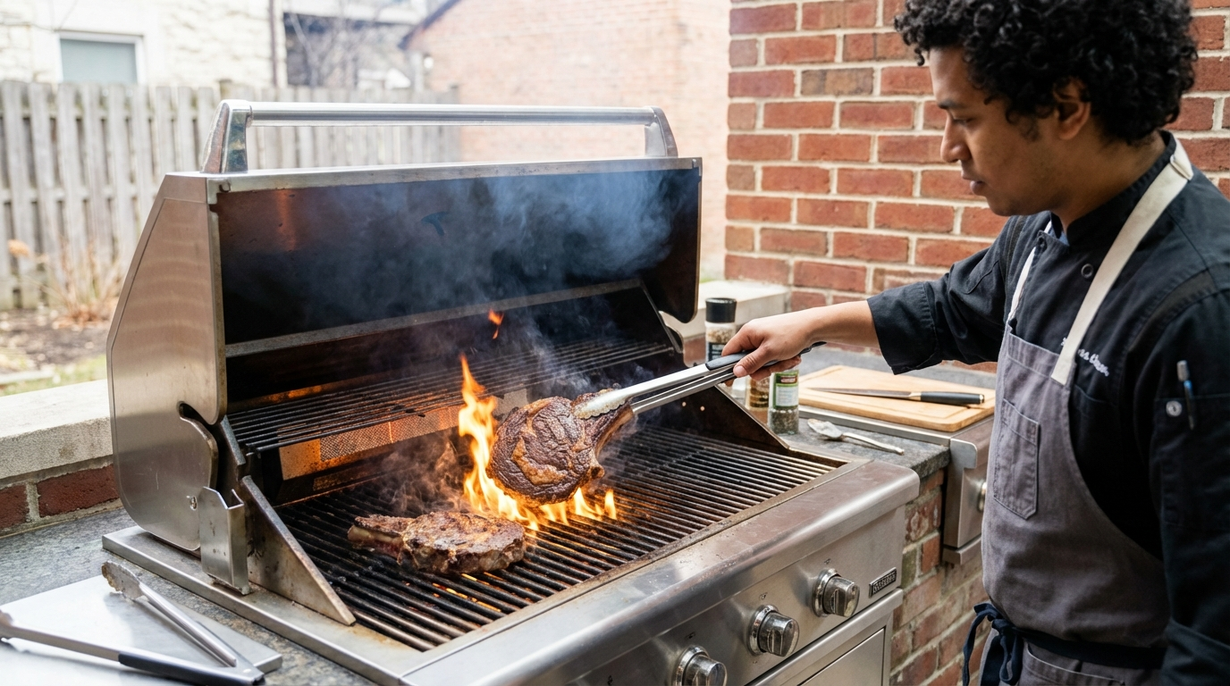 The image showcases an outdoor kitchen area, featuring a large stainless steel grill with steaks cooking over an open flame. A chef in professional attire is using tongs to manage the meat. The setting includes a brick wall, providing a sense of privacy and permanence, contributing to a high-end outdoor living space.