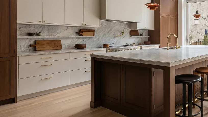 This sophisticated, modern kitchen features a beautiful contrast between light cream cabinetry and rich wood accents, anchored by a large island with a marble countertop. The space is equipped with high-end fixtures, including brass hardware and statement pendant lighting, creating an inviting and luxurious atmosphere. Open marble shelving and natural light add to the clean, high-design aesthetic suitable for elegant living.