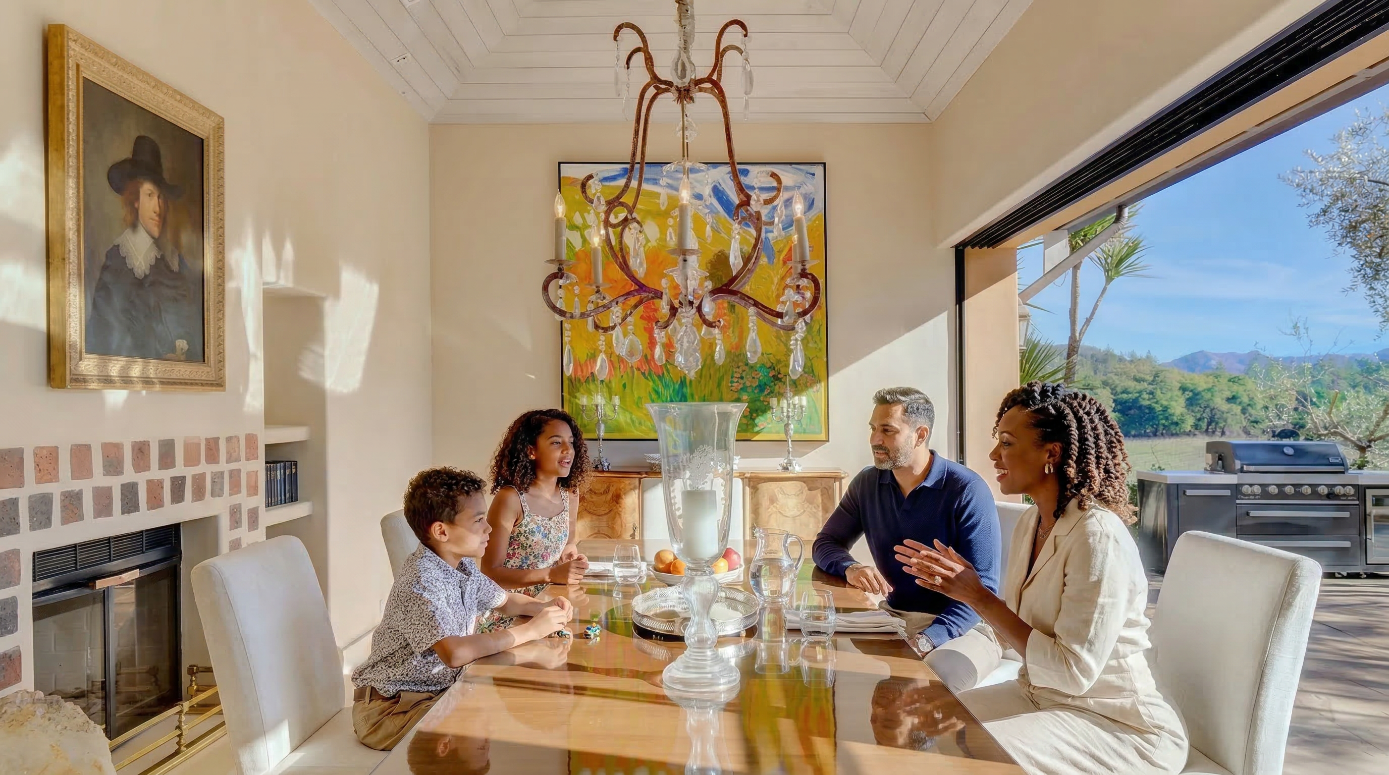 This elegant dining room features a warm, inviting atmosphere with natural sunlight streaming in through large sliding glass doors that open to a scenic outdoor area. The space is highlighted by a grand chandelier hanging above a sleek, reflective wooden table where a family is gathered. Notable details include decorative artwork, a fireplace incorporated into the wall, and high-end transitional furnishings that create a sophisticated yet comfortable living environment.