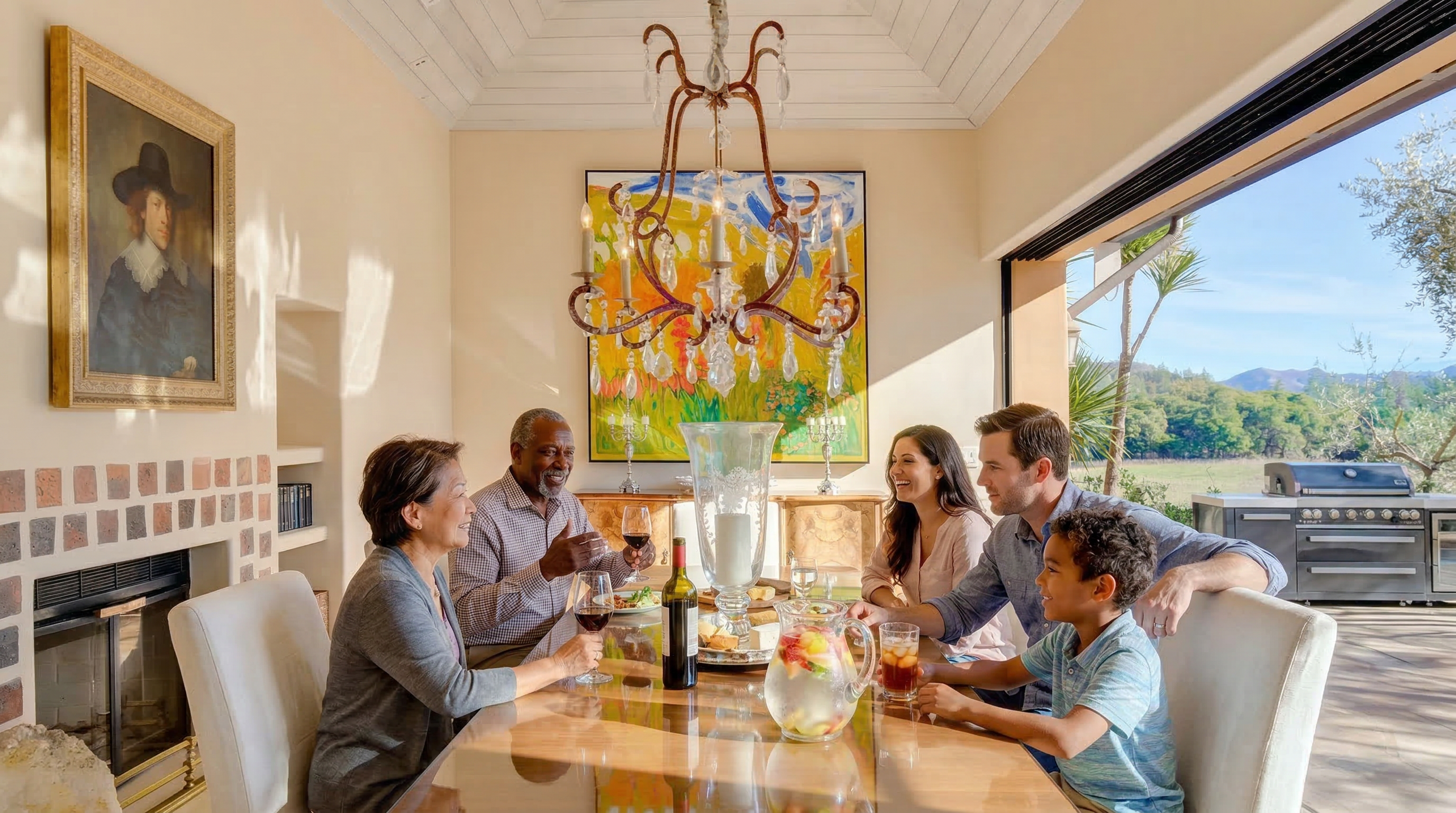 This elegant dining room features a warm, inviting atmosphere with a large wooden table centered under a classic, multi-armed chandelier. The space is highlighted by a grand original-style painting, exposed stone decorative accents near a built-in fireplace, and expansive sliding glass doors that seamlessly integrate the indoor living area with an outdoor patio and horizon views. It presents a sophisticated, family-friendly setting perfect for entertaining and gatherings.