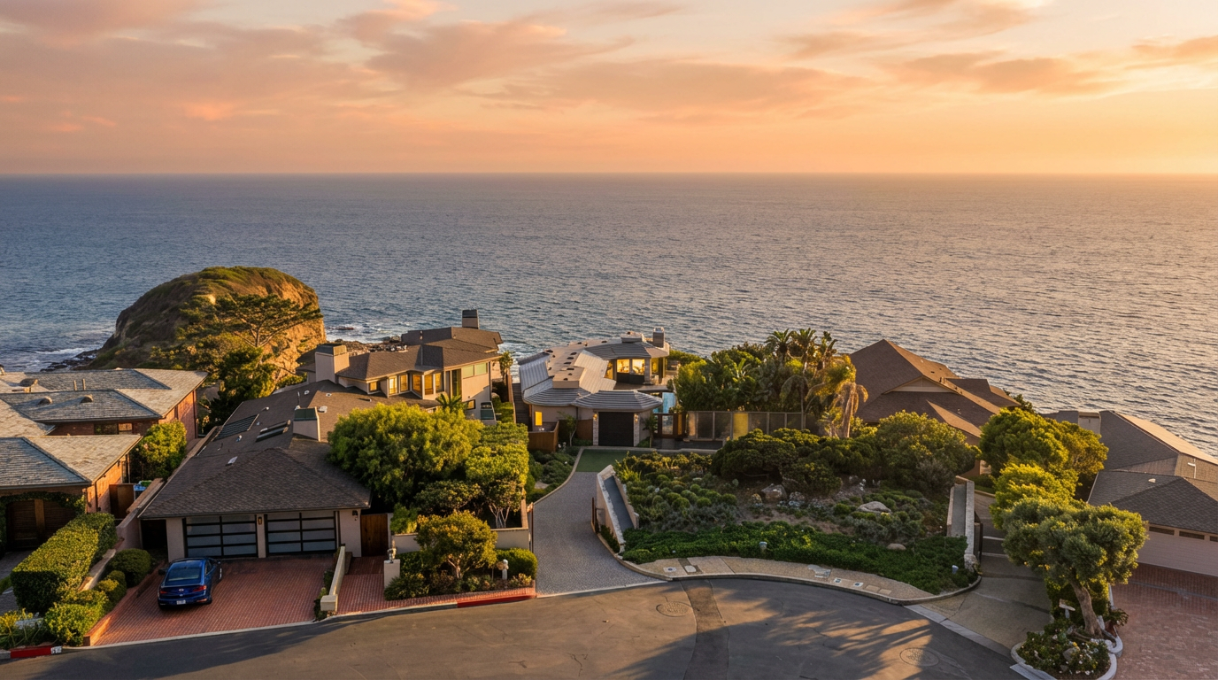 This aerial shot showcases a collection of luxury homes nestled on a coastal hillside. The properties boast stunning ocean views and are surrounded by lush landscaping. Notable is the modern architecture of one of the homes, featuring an eye-catching roofline, indicative of high-end real estate with prime waterfront positioning.