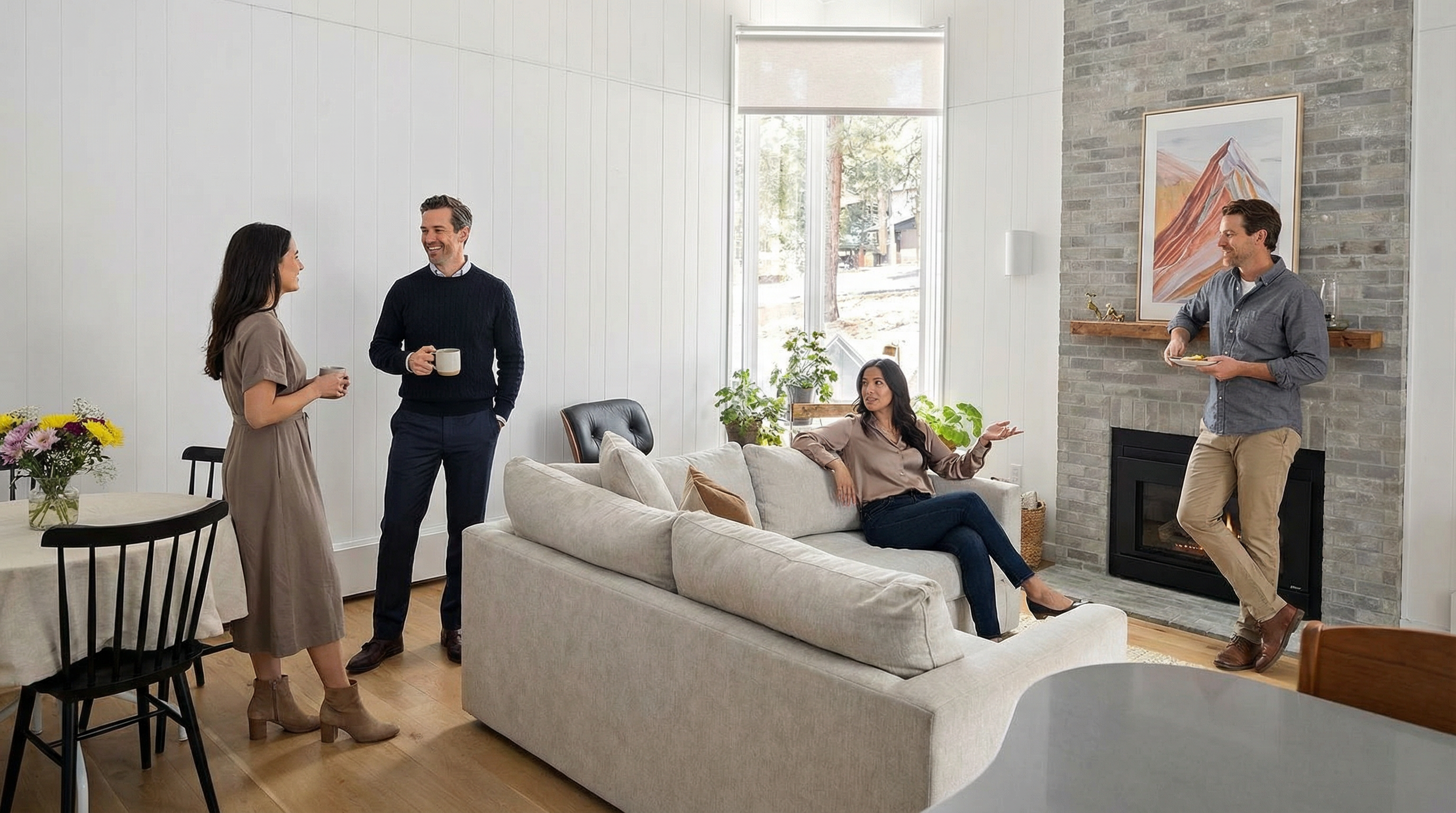 This bright and inviting living room features a combination of cozy seating arranged around a modern, gray brick fireplace with an art piece above. The light-colored sofa adds softness to the space, complemented by hardwood flooring and a neutral color palette that creates a warm, social atmosphere. With an integrated dining area nearby, the space offers an open-concept feel perfect for contemporary, relaxed living.