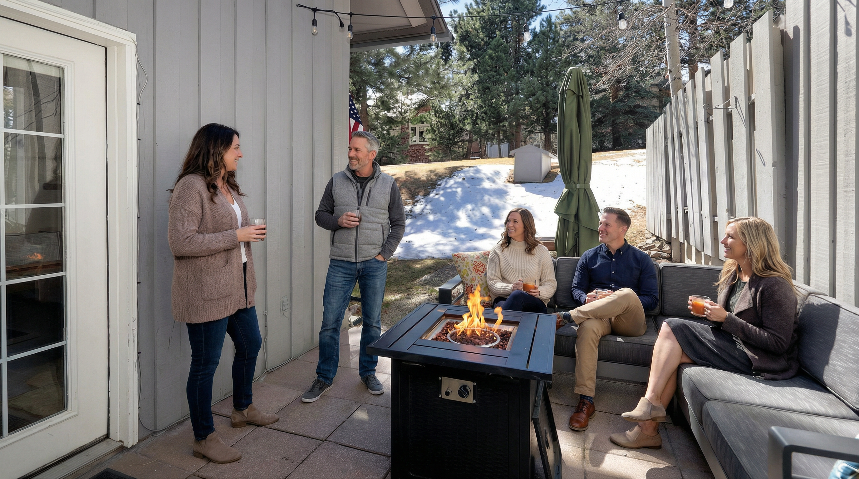 This patio space features a modern fire pit, an outdoor sectional seating area, and overhead string lighting, making it an inviting spot for social gatherings. The setting is framed by a gray paneled exterior wall and a privacy fence, offering a cozy and private environment. The presence of friends enjoying drinks around the fire pit highlights the patio's functional use for outdoor living and entertaining.
