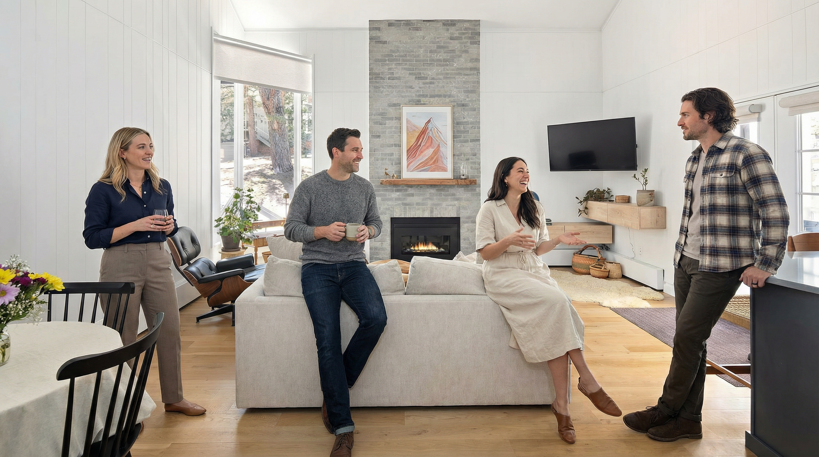 This bright and inviting open-concept living room features a modern grey brick fireplace, high vaulted ceilings, and light hardwood floors. It is styled with comfortable, contemporary furniture and creates a warm, social atmosphere, perfect for relaxed hosting. The space is well-integrated with natural light from large windows, emphasizing a clean, modern aesthetic.