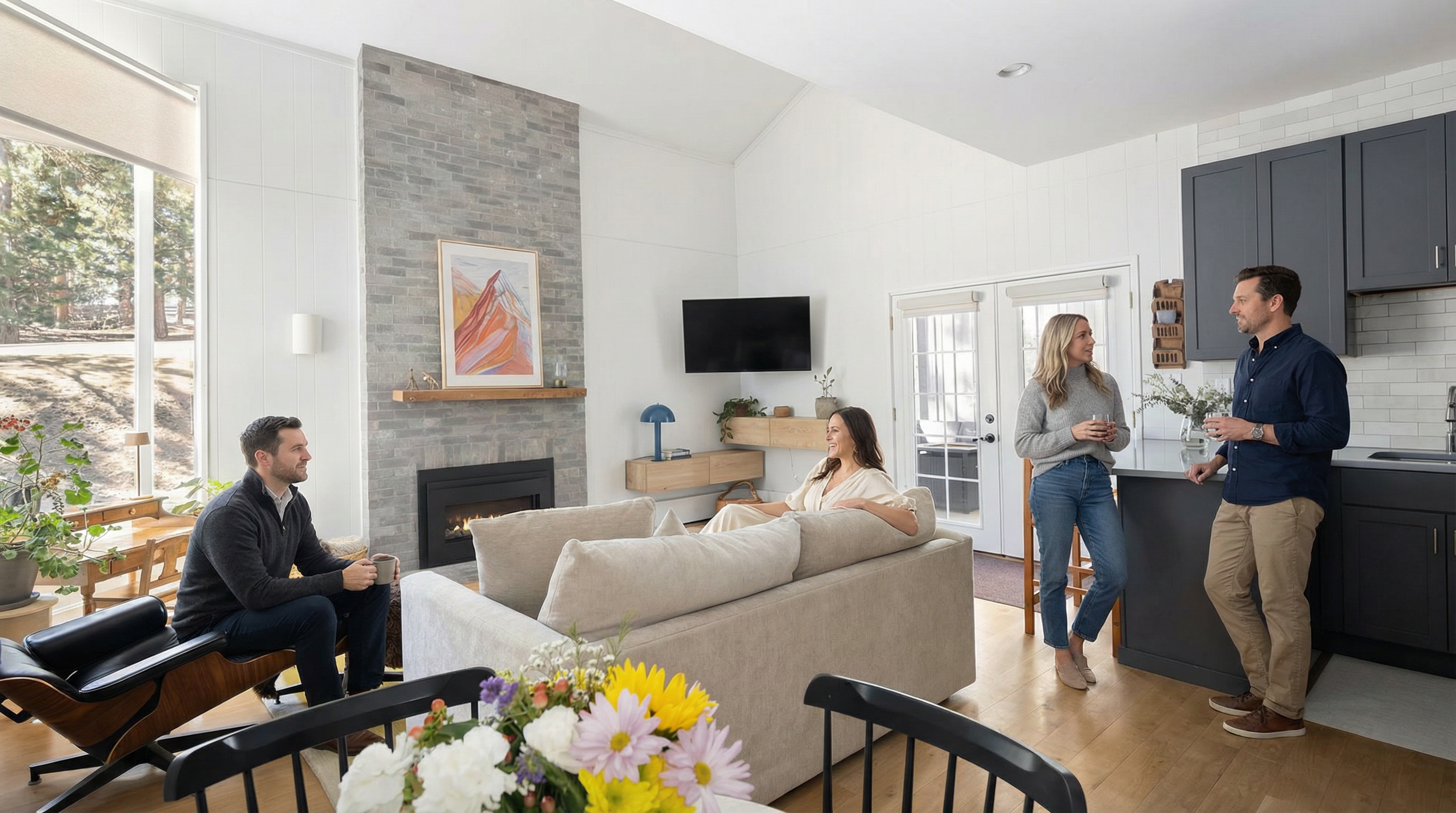This bright, open-concept living area features a modern stone fireplace as a central focal point and high vaulted ceilings. The space is thoughtfully designed with a cozy neutral sofa, a classic lounge chair, and a seamless transition into an adjacent kitchen with dark cabinetry. Large windows and a glass-paned door fill the home with natural light, creating a welcoming and airy atmosphere perfect for socializing.