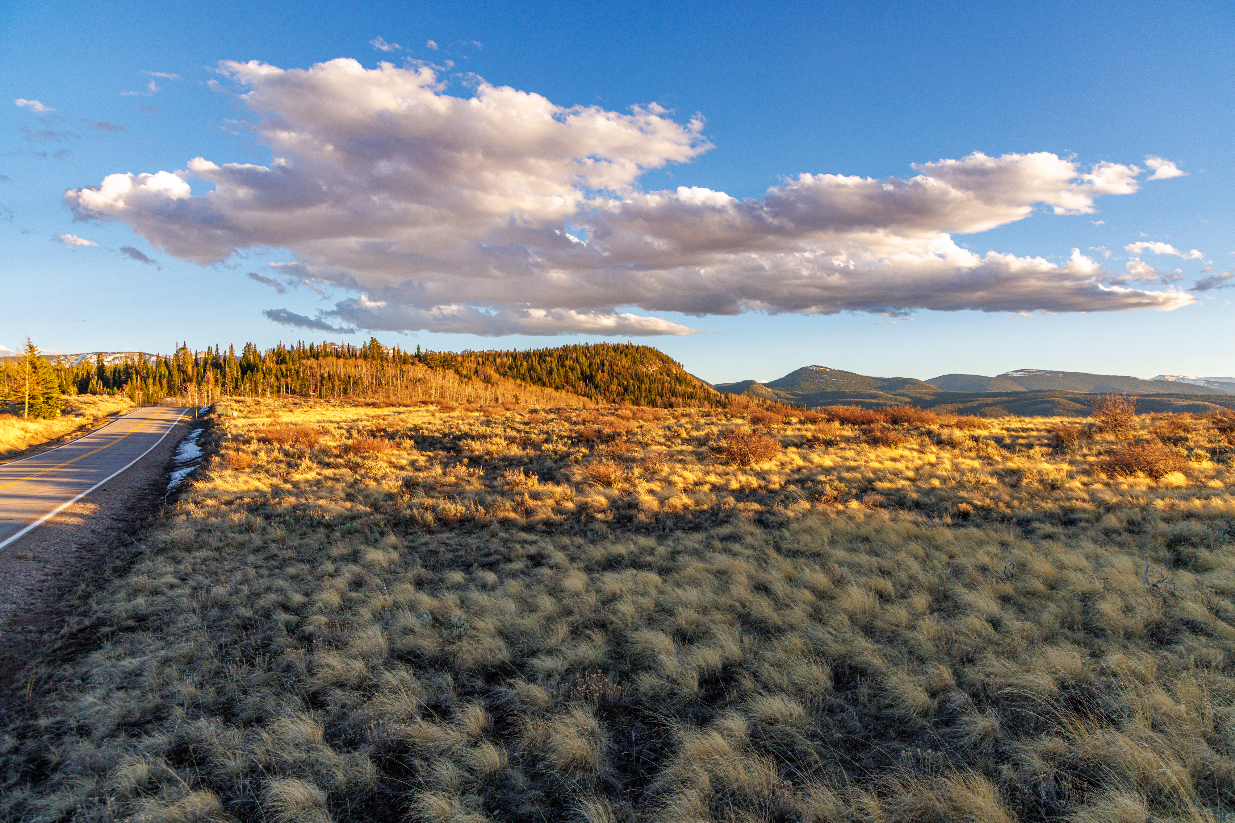 This scenic landscape shot captures a vast, golden-hued meadow bordered by a paved road on the left and a dense forest line in the distance. The horizon is defined by rolling mountains under a vibrant blue sky filled with dramatic, sun-lit clouds. The perspective is a wide-angle, eye-level view that emphasizes the expansive, natural beauty and serene atmosphere of the rural setting.