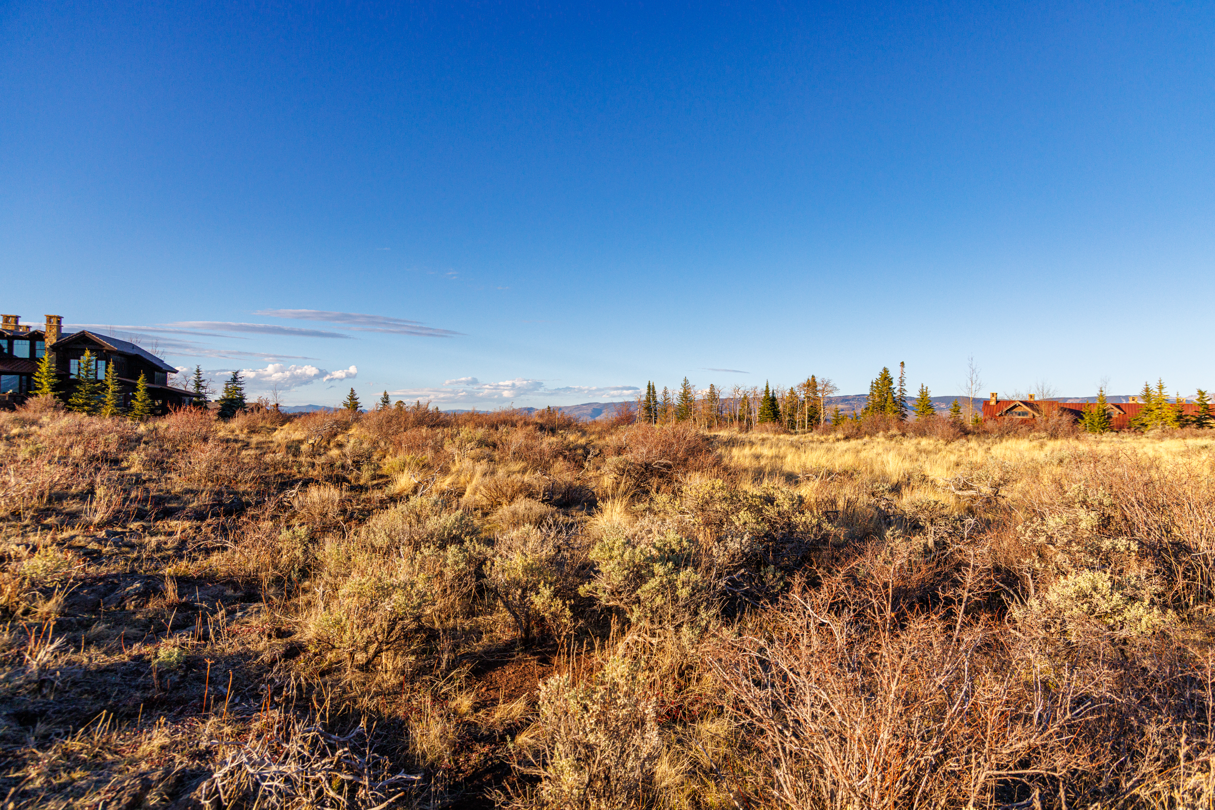 This wide-angle landscape shot captures a vast, high-desert meadow filled with dry, golden grasses and sagebrush, framed by a clear, deep blue sky. Two rustic, wood-clad mountain homes are visible on the far left and right, nestled among evergreen trees, suggesting a secluded and serene residential setting. The perspective emphasizes the expansive, natural beauty of the property, highlighting its integration with the rugged, mountainous terrain.