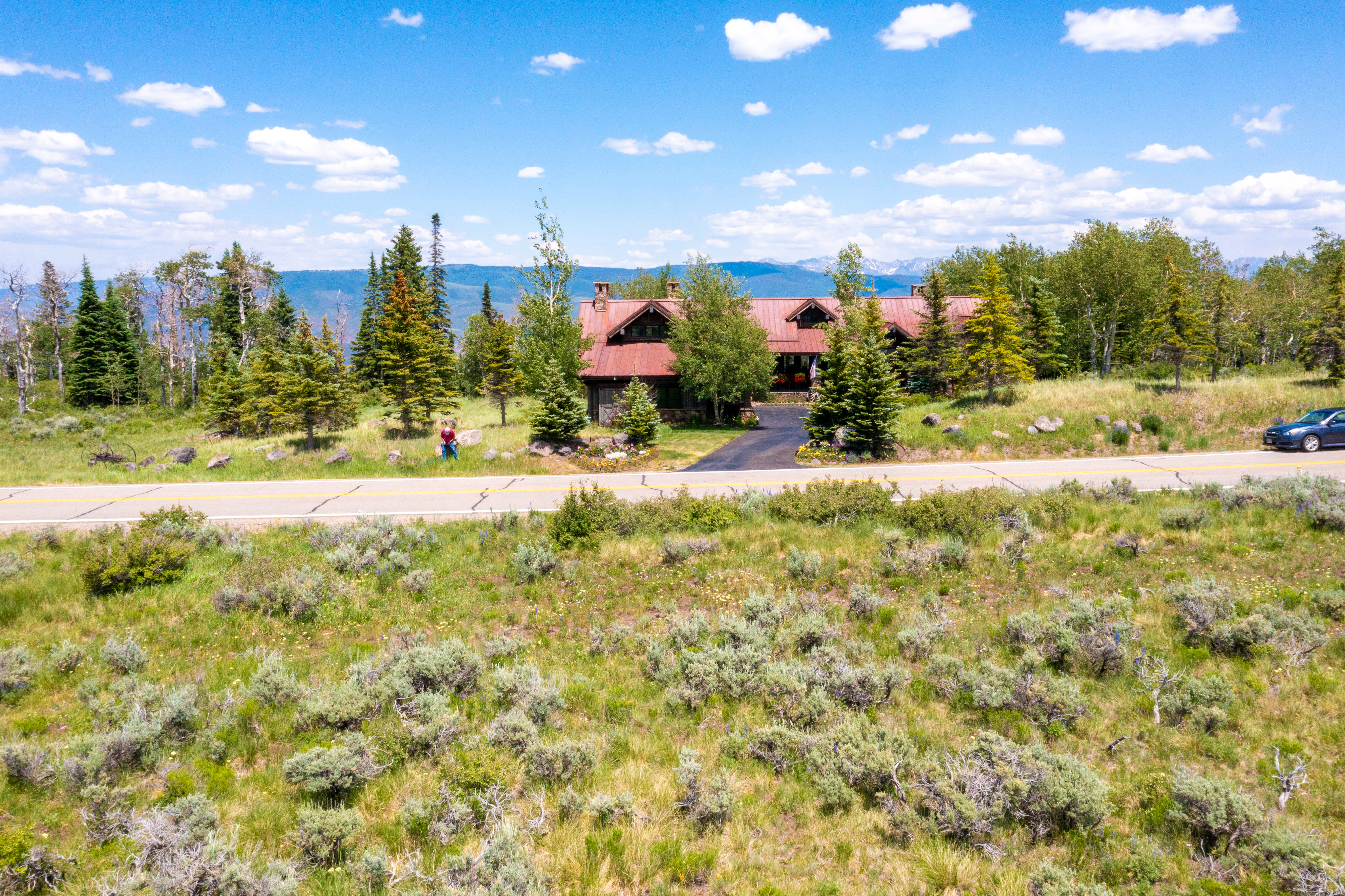 This aerial perspective captures a charming, rustic-style cabin nestled in a scenic, mountainous landscape. The home features a prominent metal roof and is surrounded by lush evergreen trees, with a paved driveway leading up to the entrance. The foreground showcases a vast, open field of native sagebrush and wildflowers, emphasizing the property's secluded and natural setting.