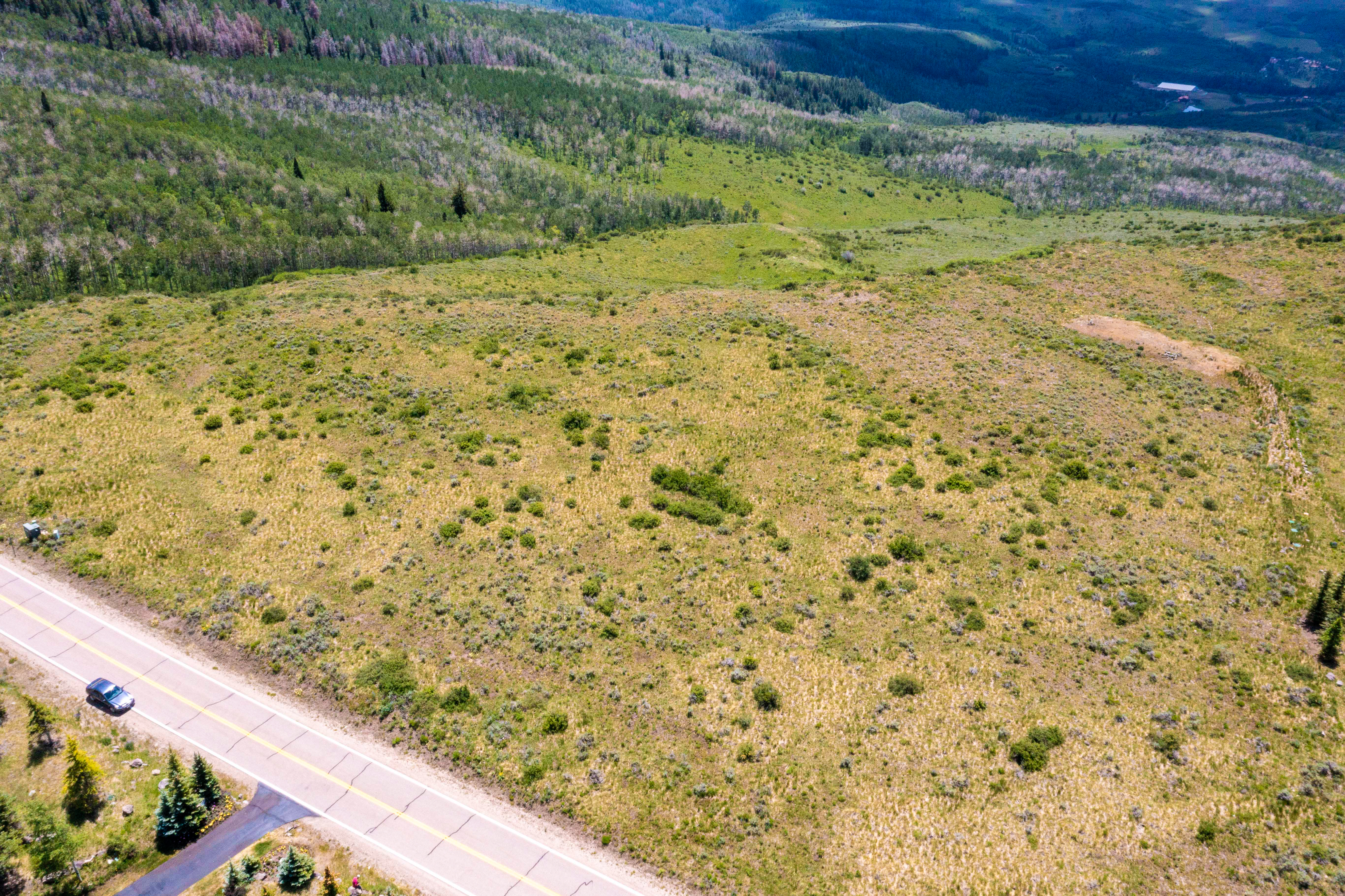 This high-angle aerial shot captures a vast, sloping plot of undeveloped land characterized by golden-hued grasses and scattered low-lying shrubs. A paved road runs along the bottom left corner, where a single vehicle is visible, providing a sense of scale and accessibility to the expansive terrain. In the background, a dense forest of aspen and evergreen trees stretches toward the horizon, highlighting the property's serene, mountainous setting.