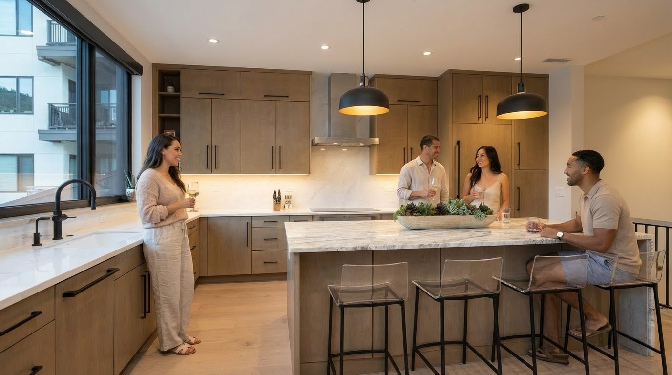 This is a modern kitchen featuring wood-tone cabinetry and an island with a marble countertop. Black pendant lights hang above the island, and there are several people in the room enjoying the space. The kitchen is well-lit and appears to be part of an open-concept living area.