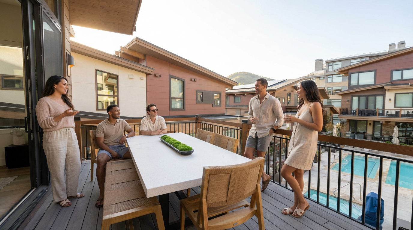 This image showcases a spacious balcony or deck area associated with a residential property. A group of people are socializing around a large white table with wooden chairs. The balcony offers a view of the community, including swimming pools and neighboring residences, making it an ideal location for relaxation and entertainment.